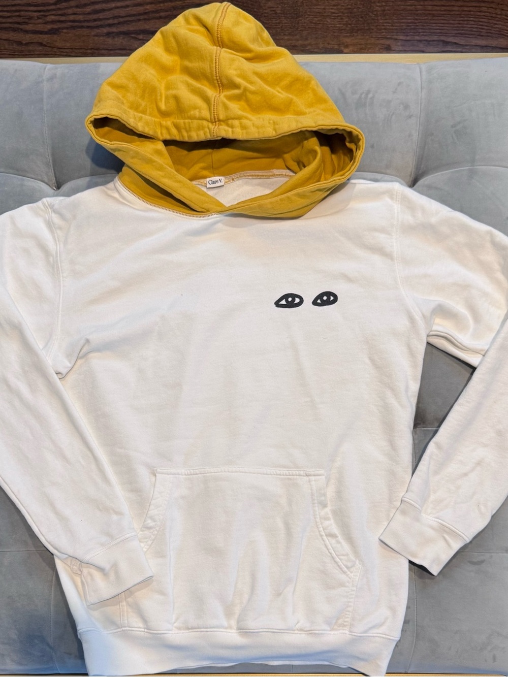 Clare V. Cream White Hoodie Eyes yeux Sweatshirt  Pullover Mustard Yellow Hoodie